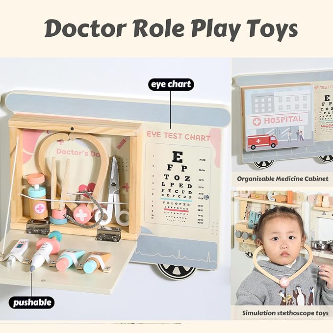 Wooden Sensory Wall Panel for Kids Activity Wall Busy Board with Wooden Toolboxes, Kitchen, Doctor Kit & More! Wall-Mounted Learning Toy for Preschoolers (3+), STEM Play
