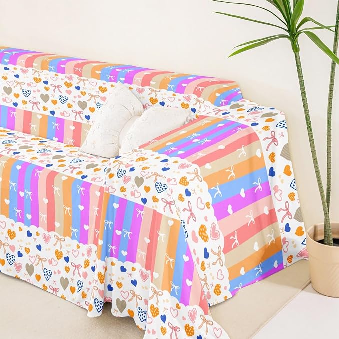 Pink Bow Tie Couch Cover for Pets,Cartoon Love Hearts Bowknot Couch Covers for 2 Cushion Couch Sofa,Cute Aesthetic Kawaii Sofa Slipcover Watercolor Rainbow Striped Throw Couch for Dogs,Kids,71"x118"