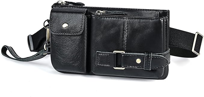 Water Resistant Canvas + Leather Hiking Riding Travel Fanny Waist Pack Small Phone Pouch For Men Women FB811-29 (100% Leather-The 8135 Black)