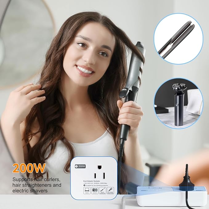 BESTEK 2000W 220V to 110V Voltage Converter, US-Europe Universal Travel Adapter with 2 AC Outlets and 3 USB Ports (2 Pd35W), Hair Dryer, Flat Iron (Pearl White)