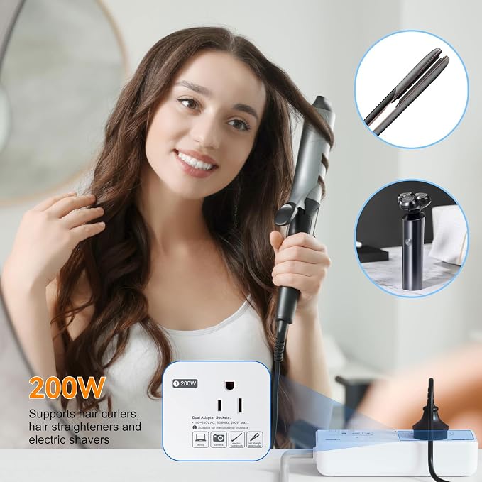 BESTEK 220V to 110V Voltage Converter US to Europe, 2000W Universal Travel Adapter with 2 USB C Ports & 1USB-A Port, International Travel Adapter for Hair Straightener