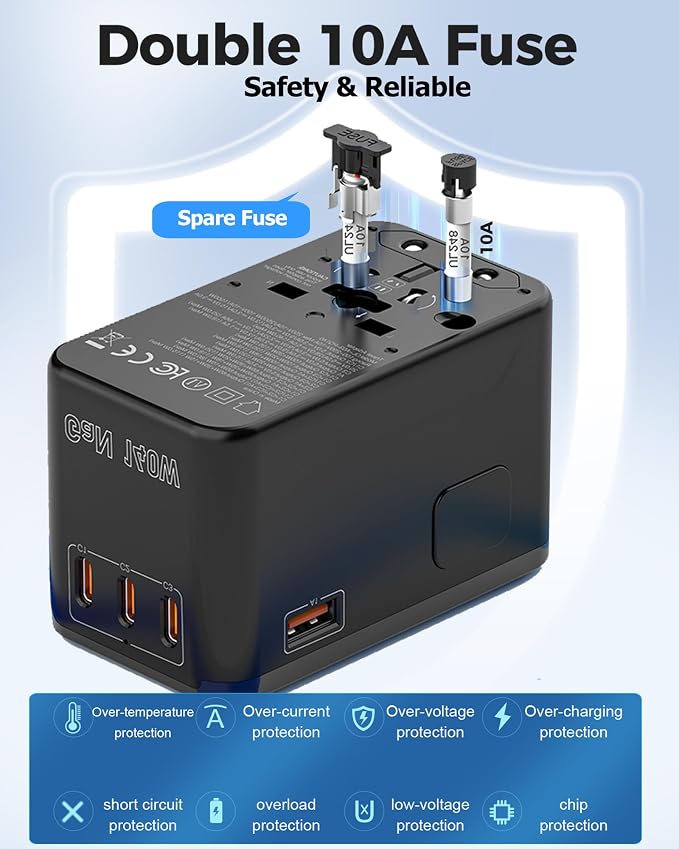 JMFONE 140W GaN Universal Travel Adapter with 2500W AC Outlet, International Power Adapter for Europe UK US AU, 3 USB-C & USB-A Fast Charger for MacBook, iPhone, Laptop and More in 200+ Countries