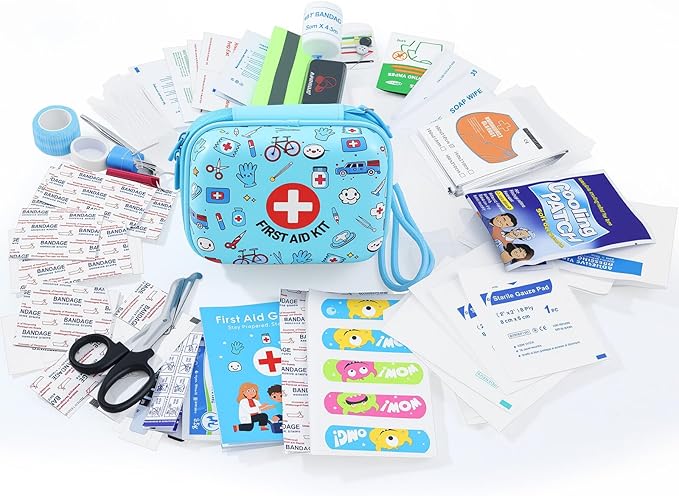 Mini First Aid Kit for Kids - 160 Pcs Water-Resistant Hard Shell Compact Emergency Kit for Travel, Home, School, Car, Camping & Hiking - Portable with Elastic Fabric Band-Aids