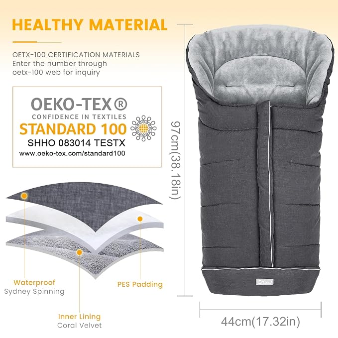 Orzbow Stroller Footmuff Universal - Weather-Proof Bunting Bag for Toddler, Warm Fleece Sleeping Bag for Cold Weather, Easily Attaches to Most Strollers, Baby Boys Girls Winter Essentials, Dark Grey