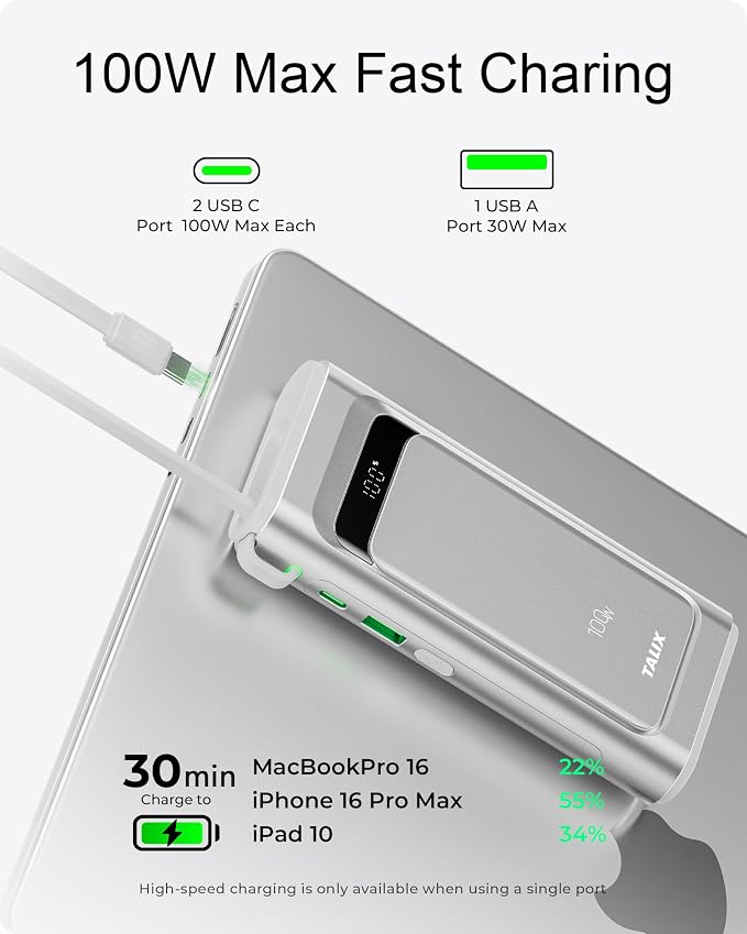 TALIX 10000mAh Portable Charger, 3-Port USB-C Power Bank, 100W Max Fast Charging Battery Pack with Built-in Cables for iPhone 17/16/15 Pro Max,iPad,Samsung Galaxy,Phone, TSA Approved Travel, Silver