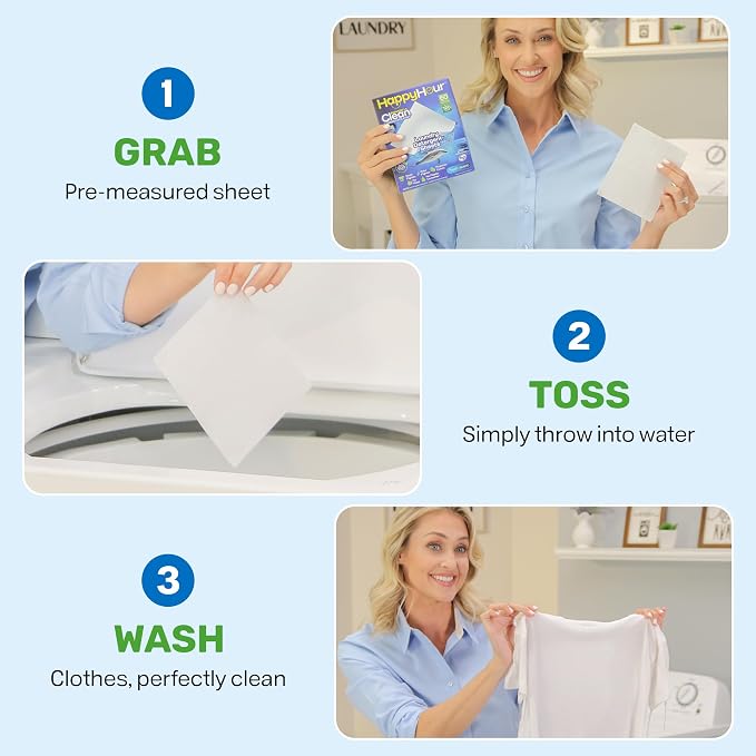 HAPPY HOUR Laundry Sheets Detergent 120 Loads Fresh Scent, 60 Sheets - Biodegradable Laundry Soap, Non Toxic, Plastic Free, Fights Tough Stains & Odors, Travel, Hypoallergenic for Sensitive Skin
