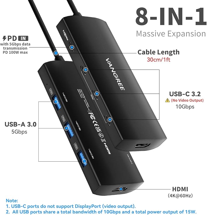 USB C Hub 8 in 1 Multiport Adapter, 3 USB 3.2 Gen 2 Ports with 10Gbps, 3 USB-A 3.0 5Gbps, 4K@60Hz HDMI, 100W PD, USBC Splitter for MacBook Pro, iPad Pro, Mac mini and More(Not Support USB-C Monitor)
