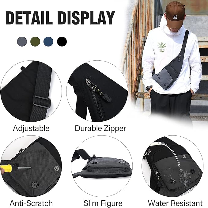 Peicees Water-resist Sling Bag Crossbody Bag for Men Slim Chest Backpack Man Purse Small Shoulder Bag for Travel Hiking