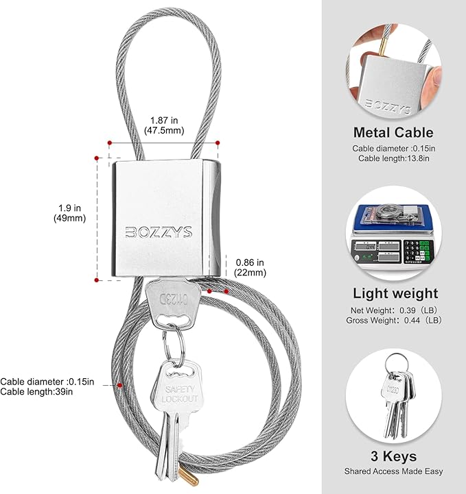 Cable Locks 3-Pack | Keyed Alike Adjustable Cable Padlock｜Len 3.28ft(1m) with 6 Same Keys/Set for Bikes, Gate, Lockers, Gun & Outdoor Gear | Weatherproof & Silver