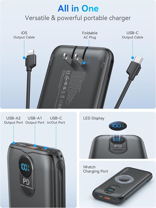 Portable Charger, 10000mAh 20W Fast Charging Power Bank with Built in Cables & AC Wall Plug & LED Display, Travel Essentials Battery Pack Powerbank for iPhone, iPad, iWatch, Samsung, Black