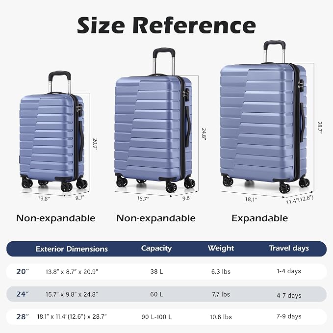 Coolife Luggage Sets, 3 Piece Hard Shell Suitcase Set with Spinner Wheels, Expandable Large Checked Luggage, Lightweight Rolling Carry On with TSA Lock Blue