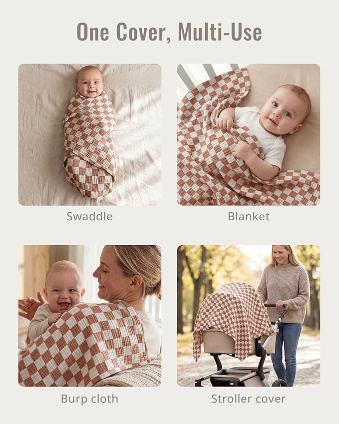 Blissful Diary Muslin Multi-Use Cloth - 4-in-1 Privacy Nursing Cover, Swaddle Blanket, Car Seat Cover, Burp Cloth, Portable Breastfeeding Essentials for Women, Baby Must Have (Brown Checkboard)