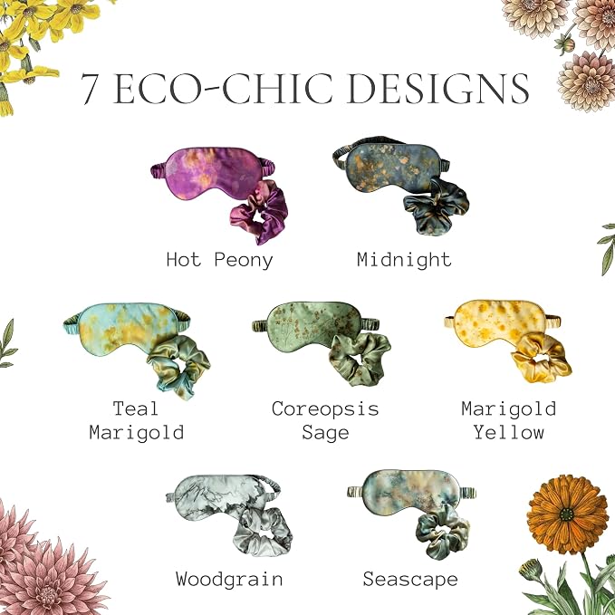 SILK & WILLOW - Botanical Print Pure Mulberry Silk Eye Mask & Scrunchie Gift Set, Luxurious Sleep Eye Mask & Hair Accessory Bundle, Durable Nature-Considerate Wellness Gifts for Women, Teal Marigold