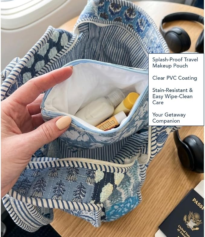 Jacaranda Living Small Cosmetic Bag - Water-Resistant, PVC-Lined, Compact & Travel Ready Make Up Bag, Easy to Clean - Floral Denim