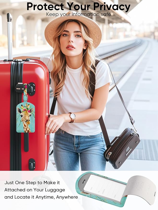 Luggage Tags Built-in Anti-Loss Tracker & Luxury Leather(Giraffe) | for Suitcase, Travel Bags, Backpacks, Travel Organizer for Lost Baggage Prevention