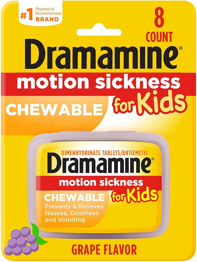 Dramamine Non-Drowsy, Motion Sickness Relief, Made with Natural Ginger, 18 Count & Kids Chewable, Motion Sickness Relief, Grape Flavor, 8 Count