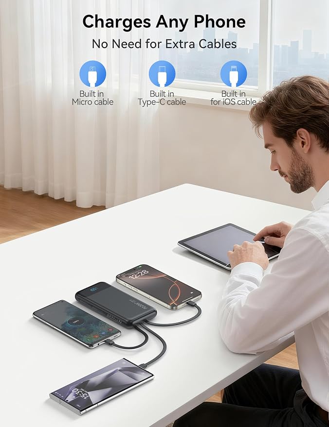 Nusyddy Portable Charger 10000mAh PD20W w/4 Built-in Cables/6 Outputs Black | PD20W Fast Charging, LED Display, Pass Through Charging, Charge 6 Devices at once, TSA Approved, Fits iPhone, iPad, Samsung