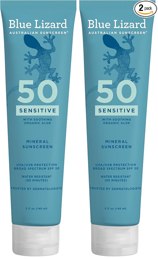 BLUE LIZARD Mineral Sunscreen, SPF 50+, Tube, Zinc Oxide | Water Resistant | Fragrance Free | For Sensitive Skin | 5 Fl Oz Pack of 2