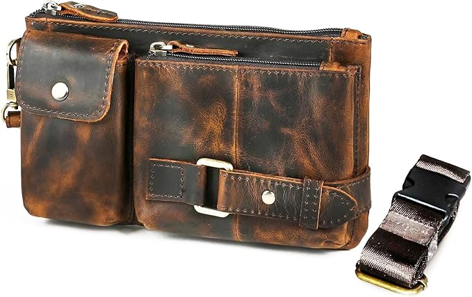 Water Resistant Canvas + Leather Hiking Riding Travel Fanny Waist Pack Small Phone Pouch For Men Women FB811-29 (Z-8135-100% Leather)