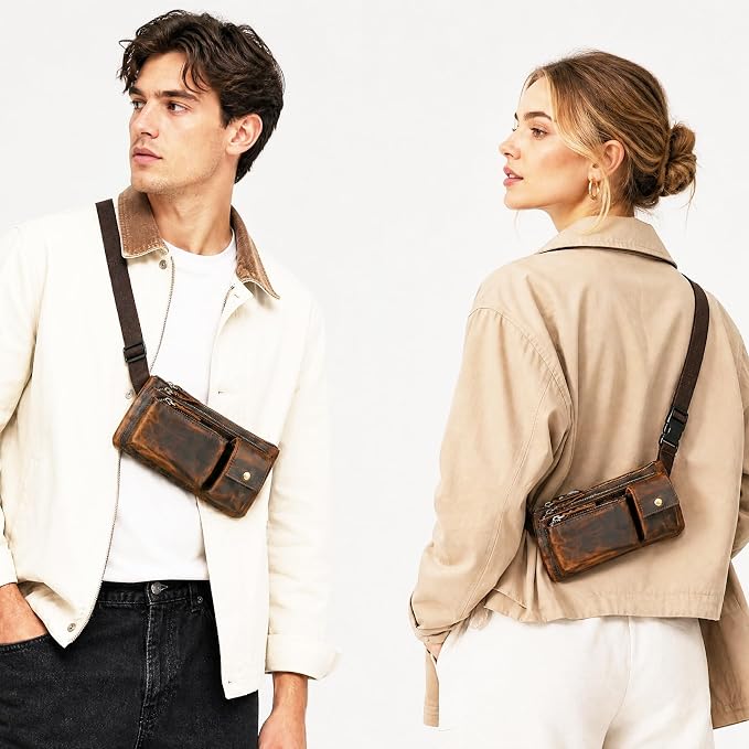 Genuine Leather Hiking Riding Travel Fanny Waist Pack Small Phone Pouch For Men Women FB811-29 (100% Leather-Brown)