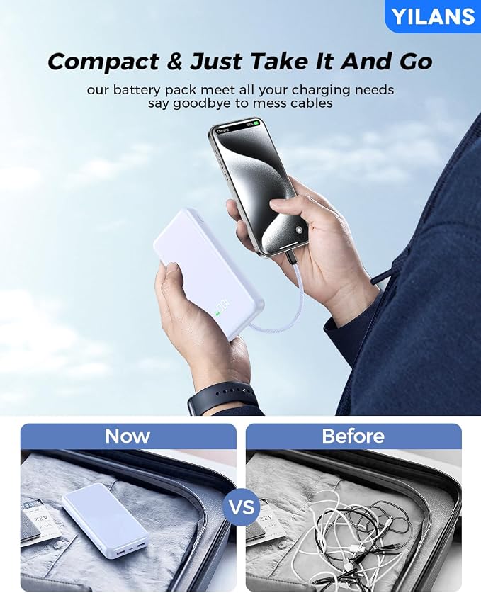 Portable Charger,50000mAh Power Bank Built-in Cable, 22.5W PD USB C In & Out Fast Charging, External Battery Pack with 6 Output & 2 Input, Travel Phone Charger for iPhone 17/16/15/14/13/12(Azure)