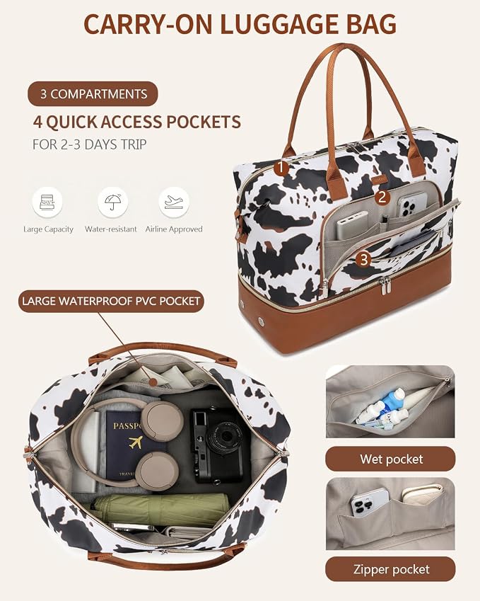 Weekender Bags for Women, Travel Duffle Bag Carry On Overnight Bag with Cosmetics Bag and Crossbody Purse for Gym Hospital, Gifts for Women, Cow Print Brown