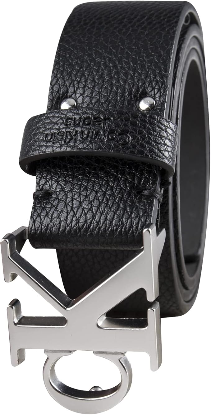 Calvin Klein Men’s CK Monogram Cut Out Buckle Belt – Casual Belt for Jeans & Everyday Wear