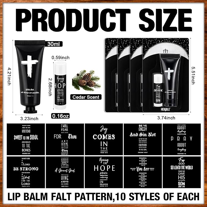 80 Sets 160 Pcs Church Gift for Men Bulk Black Hand Cream and Lip Balm Religious Bible Verse Cedar Scent Lip Moisturizer Christian Appreciation Gift for Coworker Church Party Favor