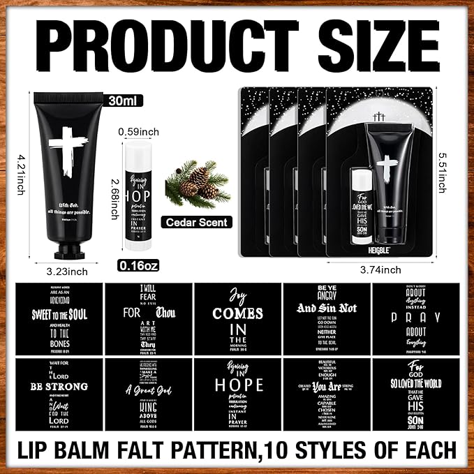 50 Sets 100 Pcs Church Gift for Men Bulk Black Hand Cream and Lip Balm Religious Bible Verse Cedar Scent Lip Moisturizer Christian Appreciation Gift for Coworker Church Party Favor