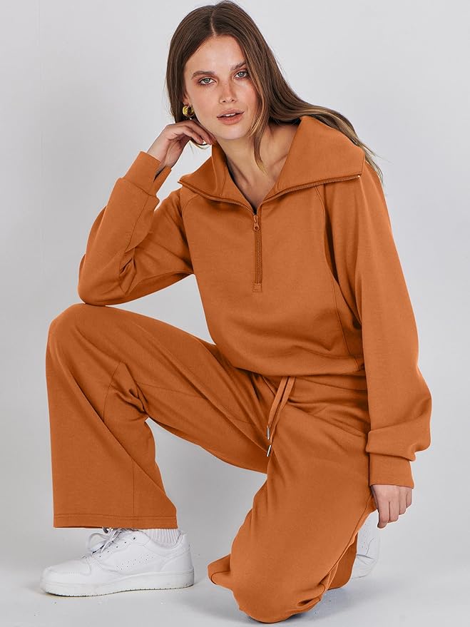 ANRABESS Women’s 2 Piece Outfits Half Zip Sweatshirt & Wide Leg Pants Airport Travel Lounge Matching Sets Sweatsuits Clothing