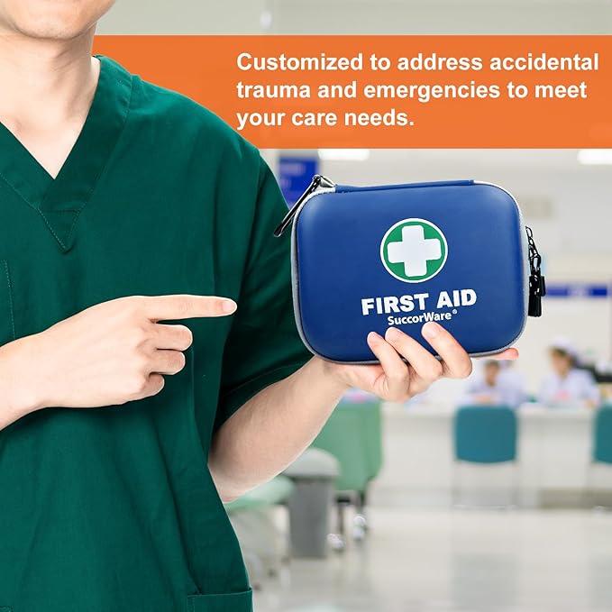 SuccorWare 150 Pieces Mini First Aid Kit - Small Medical Kit with Hard Shell - Emergency First Aid Kit for Car, Travel, Home, Outdoor, Office, Camping, Hiking (Blue)