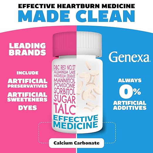 Genexa Kids' Clean Tummy Relief | Heartburn, Acid Indigestion & Sour Stomach Relief | Children's Calcium Carbonate | Dye Free, 0% Artificial Additives | Ages 2-11, Berry Flavor Chewable Tablets, 30ct