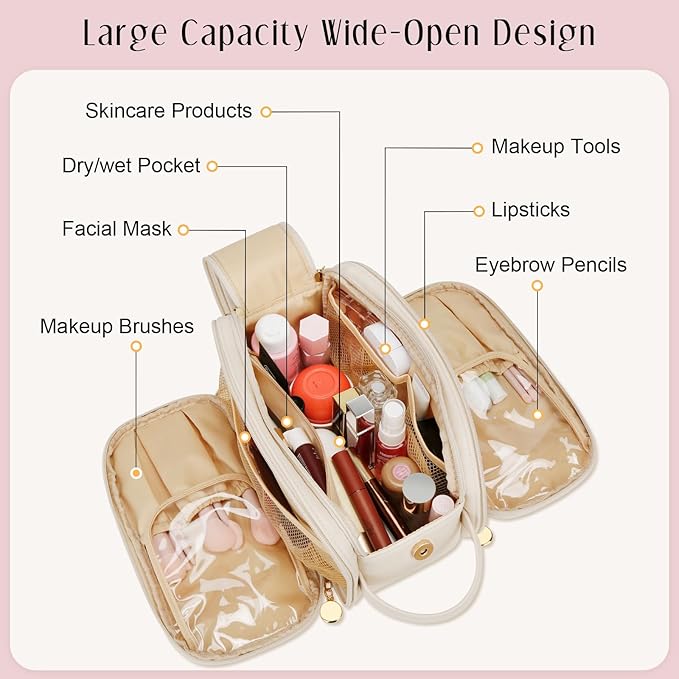 Gifts for Women Teen Girls Large Capacity Initial Travel Makeup Bag, 3-Compartment Cosmetic Organizer with Clear Brush Holders, Large Opening Waterproof Toiletry Bag, Beige, A
