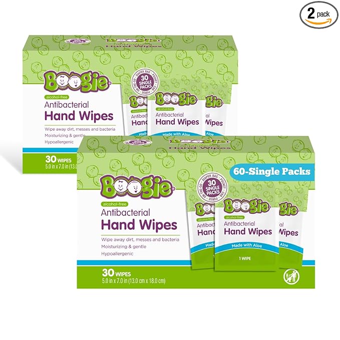 Boogie Antibacterial Hand Wipes, Alcohol Free, Hypoallergenic and Moisturizing Aloe, For Kids and Adults - 30 Wipes (Pack of 2)