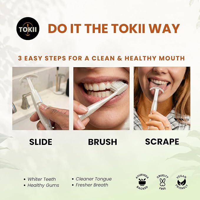 TOKII Tongue Scraper & Tongue Cleaner for Adults, 2-in-1 Toothbrush with Sliding Tongue Scraper, Charcoal Ultra Soft Bristles, Ayurvedic-Inspired, Includes Travel Toothbrush, Stand & Waterproof Pouch