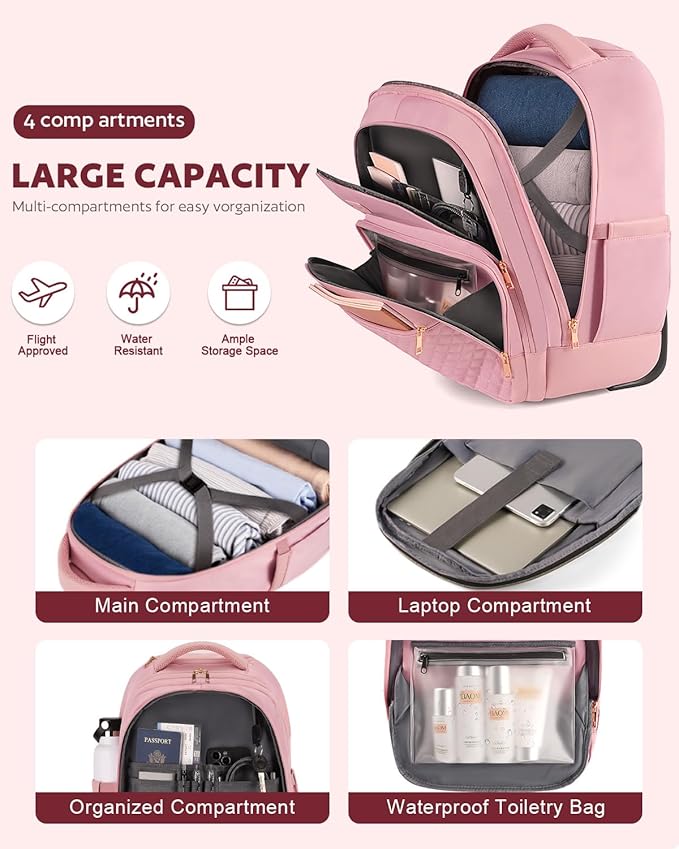 Arcoyard Rolling Backpack Carry On Luggage For Adults With Wheels, 40L Wheeled Backpack For Women, Travel Roller Backpack, Rolling Bag, Pink