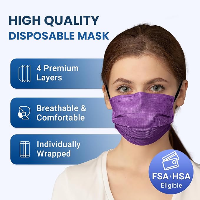 Disposable Face Mask for Adults - 4 Ply Protection, Individually Wrapped 50 Pack, 10 Colors, Breathable Comfortable & Safe