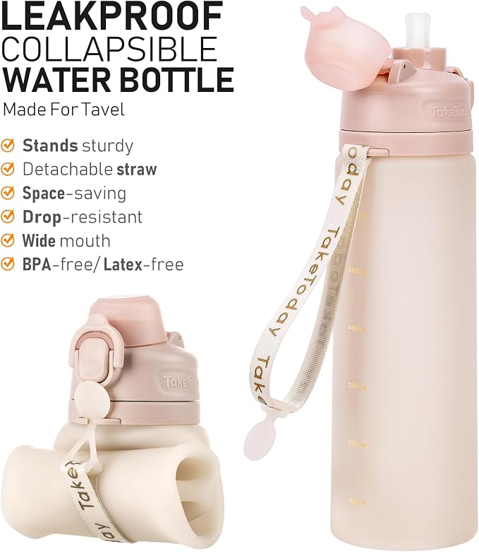 TakeToday Collapsible Water Bottles 32oz Black and 20oz Desert Sand Foldable Travel Water Bottle with Strap, BPA Free, Silicone Water Bottle Leakproof for Hiking, International Travel, Outdoors