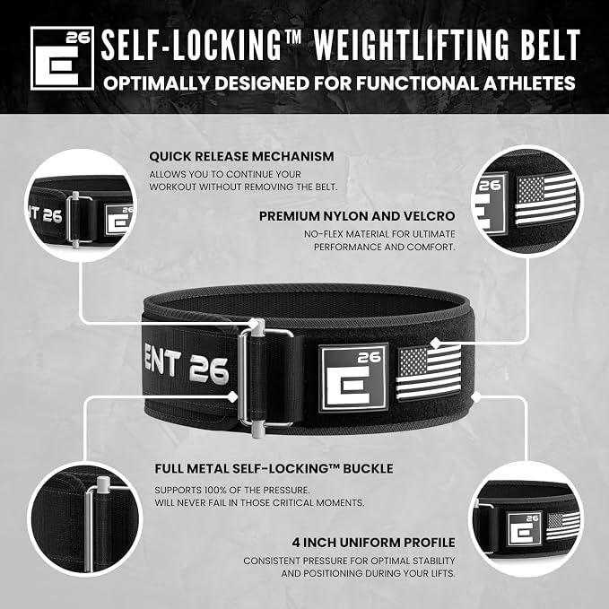 Element 26 Self-Locking Weight Lifting Belt - 4-Inch Nylon Support for Men and Women - Squat and Deadlift - Gym Training