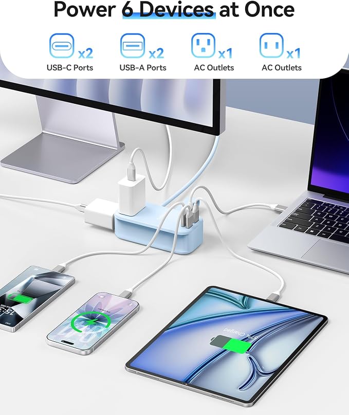 ORICO 100W GaN Power Strip for Laptop, 6 in 1 Multiple Outlets Extension Cord(2 AC Outlets, 2 USB-A, 2 USB-C Ports), 5ft Wrapped Flat Plug for Travel/Office ETL Listed