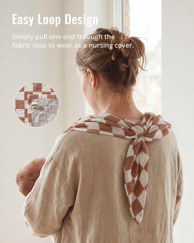 Blissful Diary Muslin Multi-Use Cloth - 4-in-1 Privacy Nursing Cover, Swaddle Blanket, Car Seat Cover, Burp Cloth, Portable Breastfeeding Essentials for Women, Baby Must Have (Brown Checkboard)