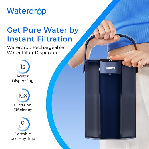 Waterdrop ED01B Electric Water Filter Pitcher, Reduce 99.6% of Lead and 45+ Impurities, 15-Cup 200-Gallon Capacity, Rechargeable Instant Dispenser, NSF/ANSI 42&53&401&372, Does not Lower TDS, Blue