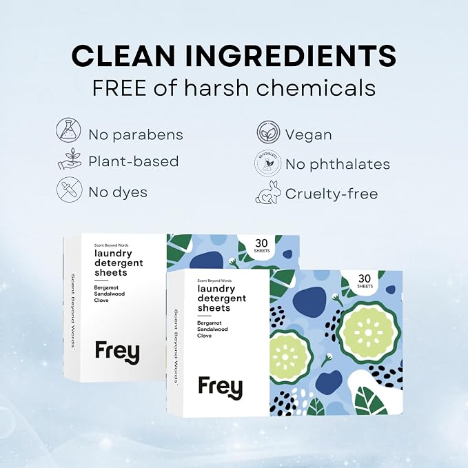 FREY Plant-Derived Laundry Detergent Sheets, 60-Count (Pack of 2) – Eco-Friendly Liquidless Detergent Strips, Travel-Friendly Biodegradable Eco-Sheets (Bergamot Beach)
