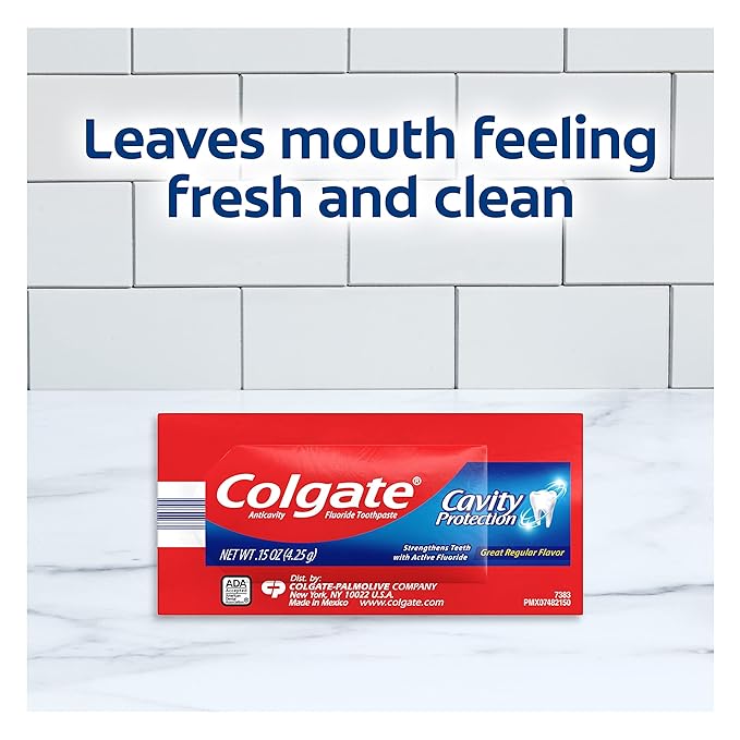 Colgate Cavity Protection Toothpaste with Fluoride, Great Regular Flavor, Travel Size Toothpaste, 0.15 Ounce Sachet, 1000 Pack