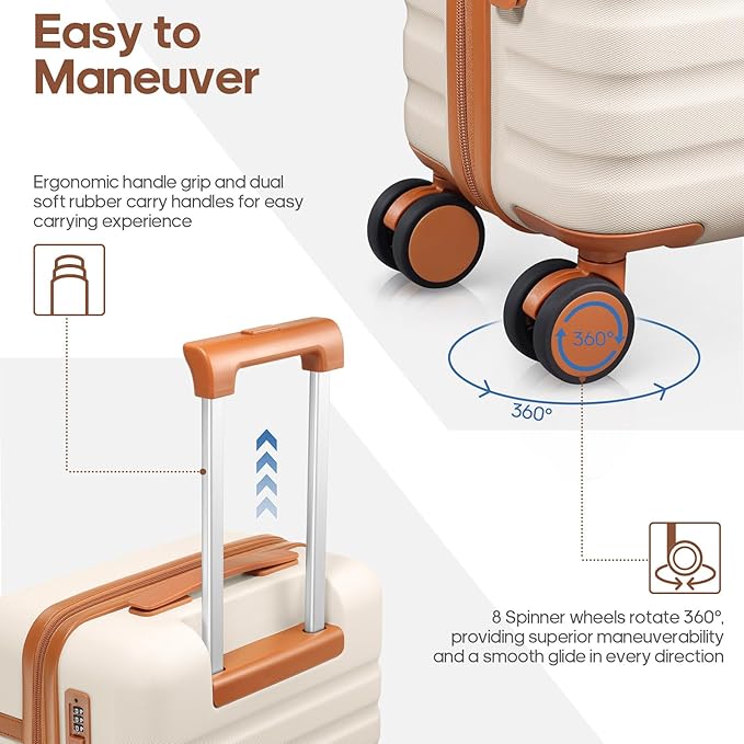 UKEIN Luggage Sets 3 Piece, PC Hardside Carry On Luggage 28 Inch With Spinner Wheels with TSA Lock, Carry On Suitcase Set With Travel Backpack for Men (Beige, 3 piece set (28inch))
