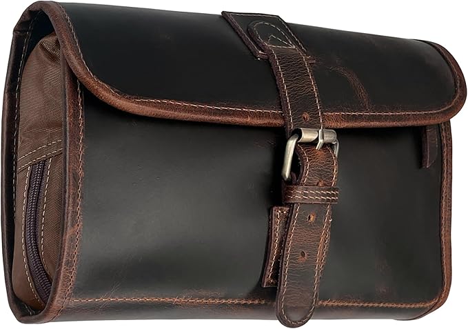 RUSTIC TOWN Leather Hanging Toiletry Bag for Men - Travel Shaving Dopp Kit - Bathroom Shower Toiletries Organizer - Leather Makeup Cosmetic Bag for Women