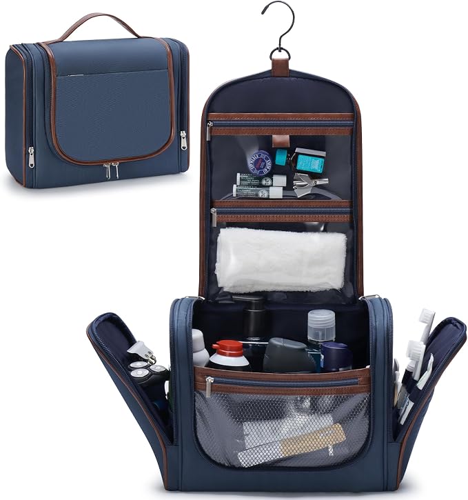 ZAHNI Hanging Toiletry Bag for Men with 360° Hook, Large Toiletry Travel Bag, Bathroom Shower Organizer for Shaving, Grooming & Toiletries_Navy