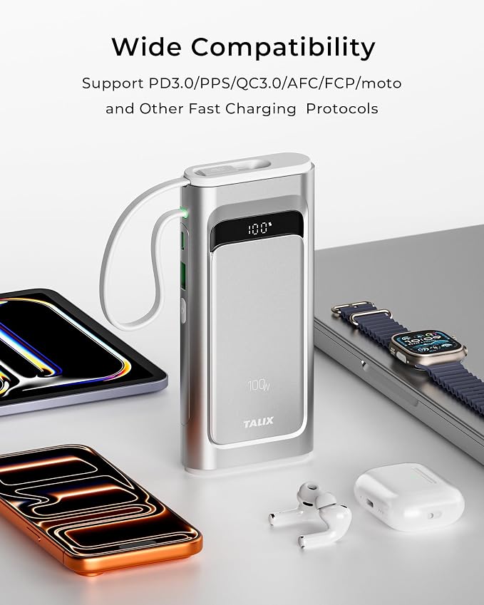 TALIX 10000mAh Portable Charger, 3-Port USB-C Power Bank, 100W Max Fast Charging Battery Pack with Built-in Cables for iPhone 17/16/15 Pro Max,iPad,Samsung Galaxy,Phone, TSA Approved Travel, Silver