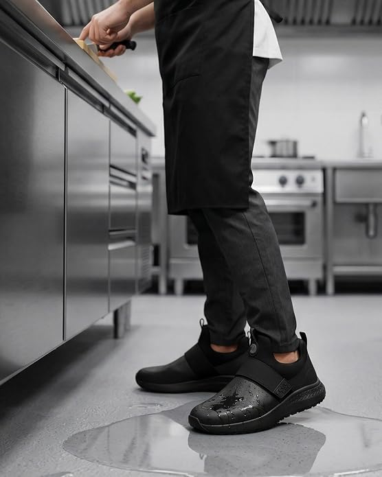 Non Slip Work Shoes for Men Slip On Food Service Kitchen Chef Restaurant Shoe Waterproof Slip Resistant Walking Sneakers Lightweight Comfortable Working Footwear Leather