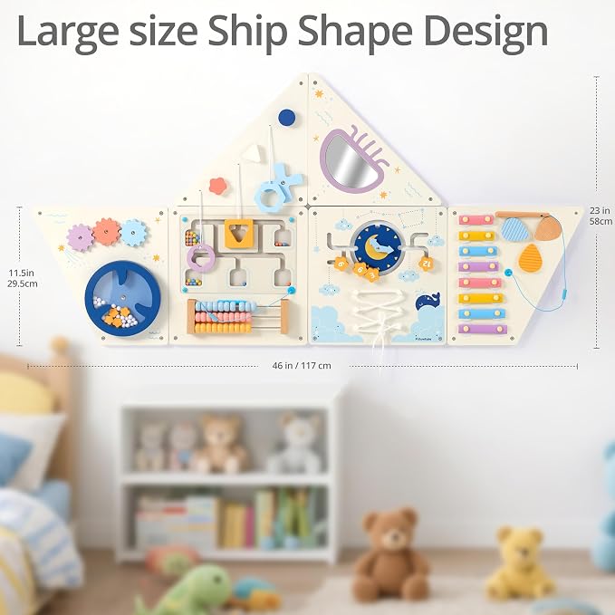 Pillowhale Tangram Activity Wall Busy Board Panels | 12-in-1 Learning Activity Center, Wooden Montessori Sensory Toys for Toddler Playroom, Nursery, Daycare, Classroom